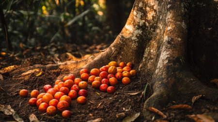 A picturesque shot of coffee fruit on the soil near a tree trunk, highlighting the raw beauty of coffee cultivationの素材