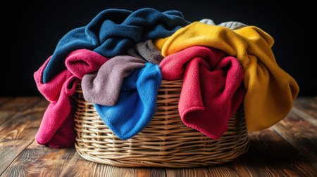 A cozy pile of colorful fleece blankets scattered around a wicker laundry basket on a wooden floor, warm and invitingの素材