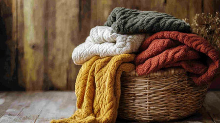 A collection of fleece blankets in warm tones, casually draped around a wicker basket, rustic comfortの素材
