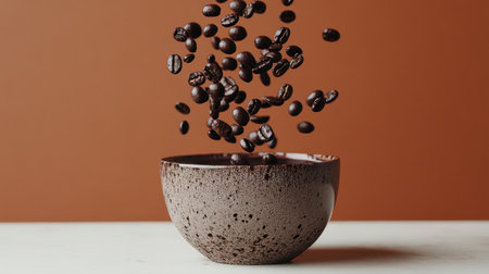 A cascade of coffee beans dropping above a cup filled with dark liquid, creating a warm and aromatic momentの素材