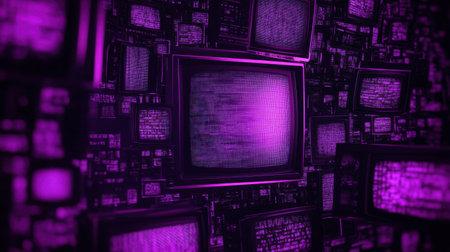 Chaotic TV static in shades of black and purple, forming a surreal and bold abstract texture designの素材