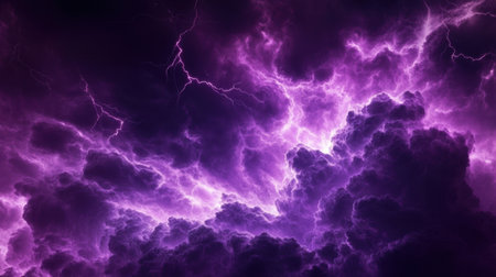 Abstract clouds of purple smoke tilted diagonally, blending with bright flashes of thunder in the distanceの素材