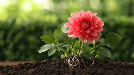 Dahlia roots partially above the soil, vibrant green leaves, and stems basking in natural lightの素材