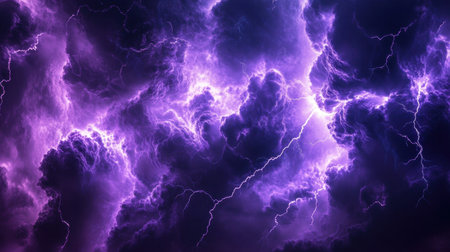 Abstract clouds of purple smoke tilted diagonally, blending with bright flashes of thunder in the distanceの素材