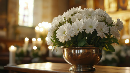 A polished urn with white flowers and soft candlelight, placed on a wooden altar in a solemn church settingの素材