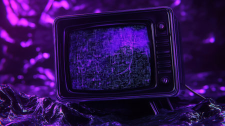 Abstract purple and black static noise pattern, evoking a retro TV interference aesthetic with bold contrastsの素材