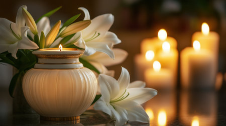 Elegant cremation urn surrounded by white lilies and lit candles in a serene church interior, evoking a respectful moodの素材