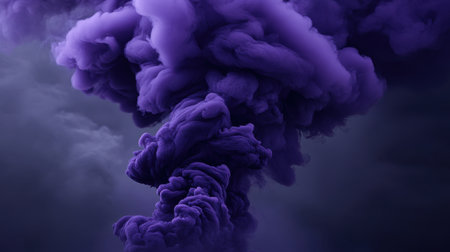 Ethereal purple smoke curls in the foreground, tilted against a dark sky illuminated by faint streaks of thunderの素材