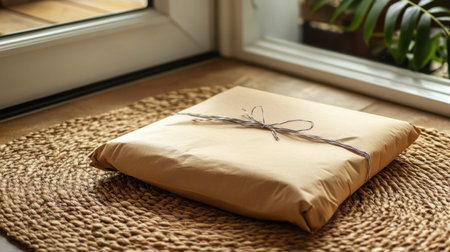 Extreme close-up of a delivered parcel on a textured doorstep mat near an entry door, focusing on shipping details and packagingの素材