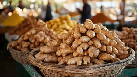 Bright Moroccan ginger root pyramids, market stalls buzzing with colorful energy and spice scentsの素材