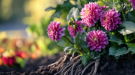 Close-up of dahlia roots and stems above rich soil, vibrant greenery showcasing natural growthの素材