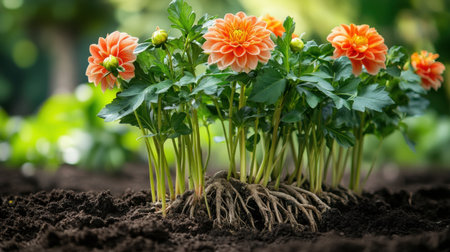 Dahlia roots partially above the soil, vibrant green leaves, and stems basking in natural lightの素材