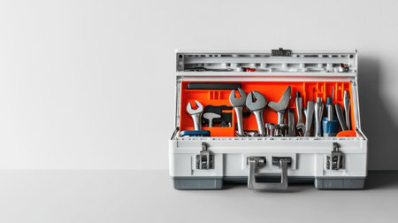 Creative forced perspective of a toolbox with tools appearing larger and closer, set against a plain white backdropの素材