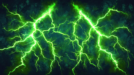 High-angle view of sharp green neon lightning streaks spreading dynamically on a dark, atmospheric backgroundの素材