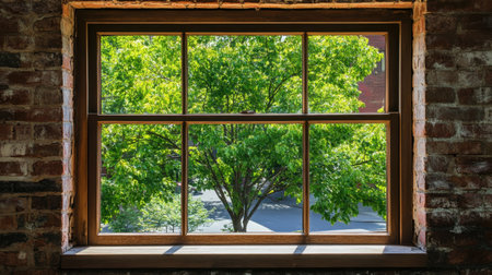 Framed view of tree-lined street from brick window, calming greens against rugged brick textureの素材