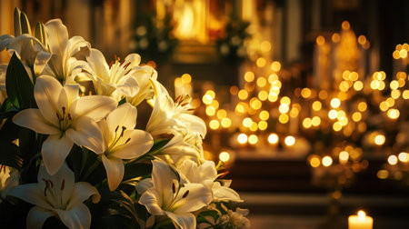 Beautiful white lilies framing a cremation urn with glowing candles in a tranquil church environmentの素材