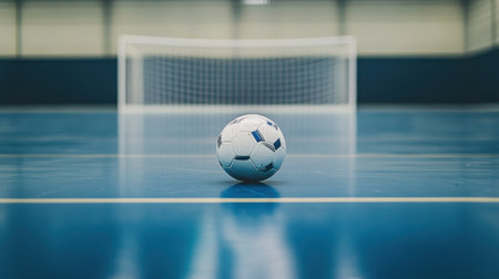 Empty futsal court with a low-angle focus on the ball and a blurry goal net in the distance, emphasizing anticipationの素材