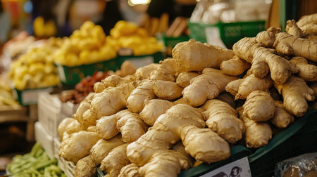 Colorful display of Moroccan ginger roots, earthy tones, vibrant market scene, aromatic spicesの素材
