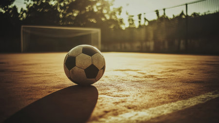 Low-angle close-up of a futsal ball resting on an empty court, with the goal net visible in the background under soft lightの素材