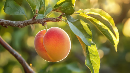 New peach stem and leaf development on a sunlit tree branch, highlighting nature intricate growth patternsの素材