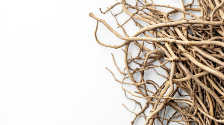 Minimalist composition of tangled dried vetiver roots on white background, capturing their natural patterns and rugged texturesの素材