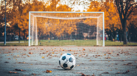 Minimalist shot of a futsal ball on an empty playing surface, with the goal net framed in soft focus in the backgroundの素材