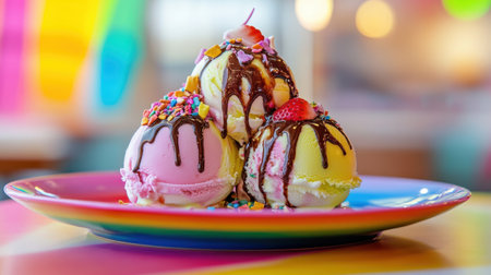 Swirled ice cream scoops with vibrant toppings and a drizzle of strawberry syrup, served on a rainbow-hued plate, sweet treatsの素材