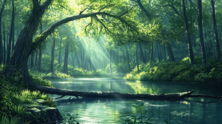 Serene forest pond bathed in dappled light, fallen tree resting across the water, calm and untouchedの素材