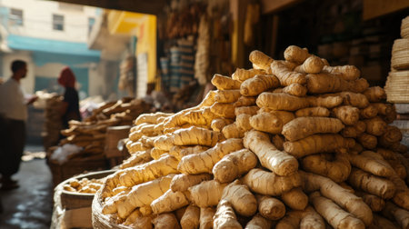 Moroccan ginger roots stacked in pyramids, bright colors, and bustling market vibesの素材