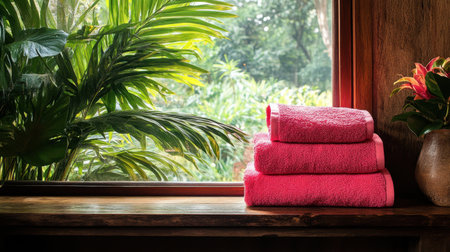 Vibrant pink towels neatly stacked on rustic wooden bench, window light illuminating lush greeneryの素材
