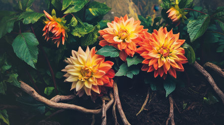 Organic growth of dahlia roots and stems above the soil, close-up of a lush plant environmentの素材
