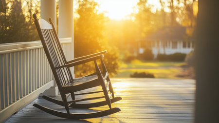 A peaceful rocking chair on a porch bathed in warm sunset light, creating a tranquil atmosphere perfect for relaxation and quiet moments.の素材