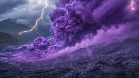 Swirling clouds of vivid purple smoke merge with flashes of lightning, creating a surreal tilted compositionの素材