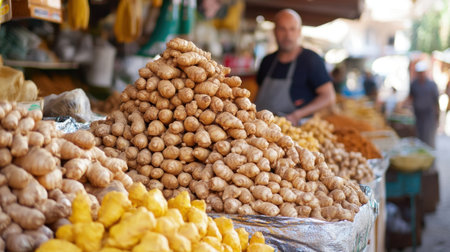 Vibrant Moroccan spice market, ginger roots arranged in neat pyramids, earthy aroma captured visuallyの素材