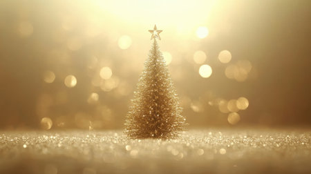 A stunning golden Christmas tree stands proudly against a soft, glowing background, creating a warm and festive atmosphere perfect for holiday celebrations.の素材