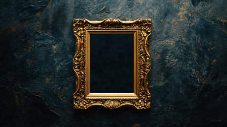 A stunning ornate vintage frame sits against a dark textured background, perfect for showcasing art or photography. Ideal for interior design projects.の素材