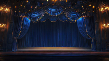 Stunning theater stage featuring rich blue curtains and warm lighting, perfect for performances and events. Captures an elegant ambiance with vintage charm.の素材