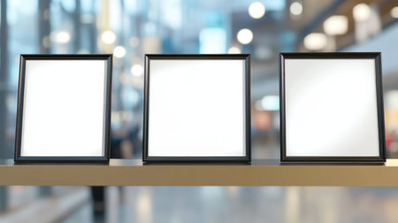 Three blank picture frames sit on a shelf in a modern interior, providing space for art display or photography. Ideal for showcasing design concepts.の素材