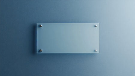 A clear glass sign on a blue wall featuring a minimalist design. Ideal for showcasing messages or branding, this elegant background is perfect for modern presentations.の素材