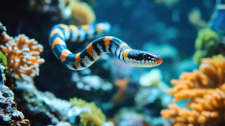 A vibrant sea snake elegantly swims through a colorful coral reef, showcasing the beauty and diversity of marine life in its underwater habitat.の素材