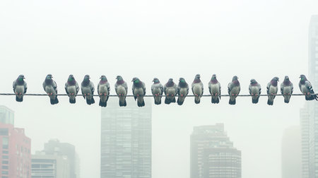 A group of birds perch on a wire against a foggy urban skyline, creating a serene and tranquil scene that captures the beauty of nature amidst city life.の素材
