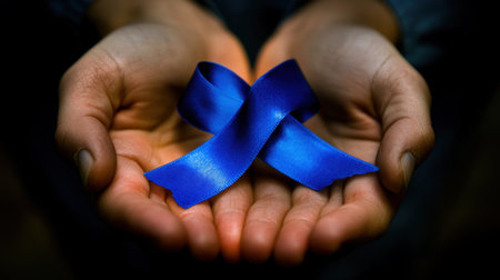 Two hands gently hold a vibrant blue ribbon, symbolizing support and awareness. This powerful image conveys themes of compassion, solidarity, and hope in various causes.の素材