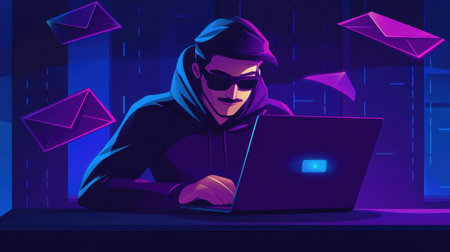 A stylish cybersecurity expert works intently on a laptop, surrounded by floating emails in a neon environment, symbolizing modern digital communication and security.の素材