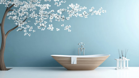 Discover a serene modern bathroom featuring a unique bathtub accented by a stunning floral wall design, creating a tranquil space for relaxation and rejuvenation.の素材