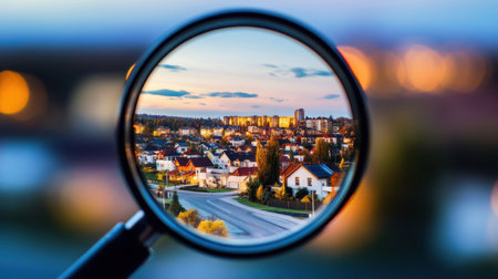 A captivating view of a cityscape seen through a magnifying glass, highlighting colorful homes. The bokeh effect adds an artistic touch to the urban landscape.の素材