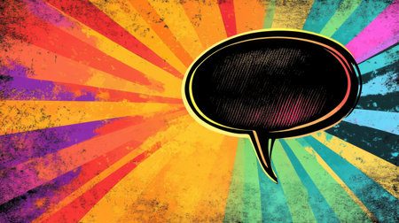 A vibrant and colorful comic style background featuring an empty speech bubble. Perfect for illustrating dialogue, creativity, or fun messaging in various projects.の素材