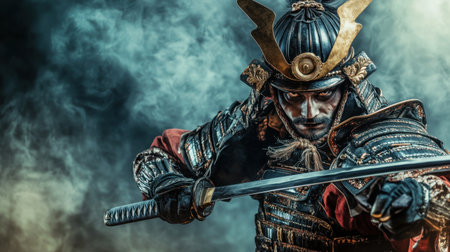 A striking portrait of a samurai warrior in traditional armor, poised with a katana. The dramatic foggy background enhances the intensity and cultural significance of the scene.の素材