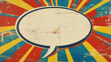Colorful retro comic style speech bubble set against a vibrant burst background, ideal for conveying messages or artistic expression in various projects.の素材