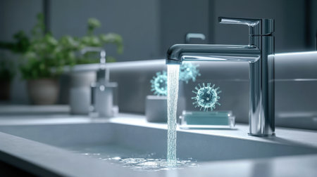 A sleek bathroom faucet pours clear water into a sink, surrounded by virus visualizations, emphasizing modern hygiene technology and health safety.の素材