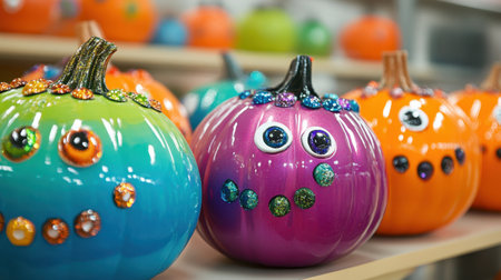 A vibrant collection of glittery pumpkins in various colors, perfect for autumn and Halloween decor. Ideal for festive celebrations and craft inspiration.の素材